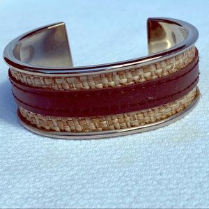 Silver burlap and brown leather statement cuff bracelet